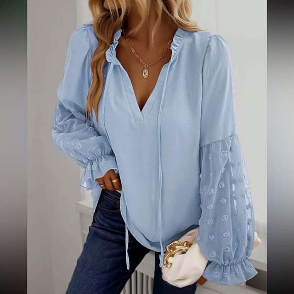 Boho Swiss dot frill trim tie neck blouse blue - Picture 1 of 16